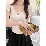 Pure Lust Lace Lace Collar Collar Short-Sleeved T-Shirt Girl Summer Sweet Hottie Bow Ballet Wind Tight Body Coat