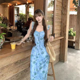Blue Rose Printed Dress 2025 Summer New Sweet Slim Vacation Style Sleeveless Mid-Sleeve Dress