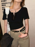 Simple Solid Color Short-Sleeved Button T-Shirt Girl Summer 2025 New Hot Girl Set Up Shoulder Short Top Tide