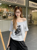 Lazy-Style Puppy Print Design With A Slanted Short-Sleeved T-Shirt For Women's Summer Ootd Beautiful Casual Shoulder Blouse