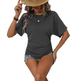 2025 Ladies Casual Fashion Pure Color Folded Round Collar Short Sleeves To Repair Summer T-Shirt