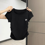 Round Collar Front Shoulder Short-Sleeved T-Shirt Girl Body Design Small Folds To The Waist Top Summer 2025 New