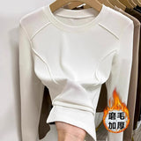 European Goods Autumn And Winter Grinding Thick Bottom Shirt Women Long Sleeves With Shoulder T-Shirt Design Thin Velvet Top Design