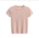 Blue Bow Embroidered Thin Knitted Short-Sleeved T-Shirt Women 2025 New Fashion Shoulder Shirt Top