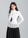White Half-High Collar Lace Hem Bow Grinding Hair Plus Long-Sleeved T-Shirt In Autumn And Winter Shirt