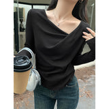 Pure Desire To Word Collar Shoulder Long-Sleeved Knitted Shirt Women Autumn And Winter Collared Horns Folded Tight Inside The Bottom Blouse