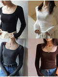 2025T Collar Ribs Fabric Autumn Bottom Shirt Black Low-Necked Women's T-Shirt Striped Splicing