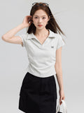 Pure Cotton Youth College Style POLO Shirt Shoulder Short Sleeve T-Shirt Female Collar Bow Embroidery Wrinkles Waist Top