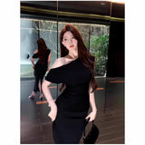 Slanted Collared Shoulder Sexy Waist Temperament Folded Dress French Dress Long Dress Summer Senior Sense