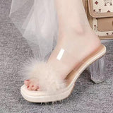 Large-Size Women's Shoes 2025 New Crystal Coarse And Skirt High Heel Slippers Wearing Fur Cold Slippers Women