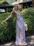 Broken Flower Hanging Neck Dress Women Summer Sexy Bare Back Folds To The Waist Thin Net Yarn Long Skirt Long Model