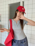 High-End Half-Necked Button Short Sleeve Front-Shoulder T-Shirt For Women 2026 Summer New Summer T-Shirts For Casual Blouses