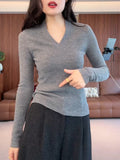 High-Level Sense V Collar Knitted Shirt Women's Bottom Shirt Autumn And Winter New Large-Size Fat Mm Slim Slim Thin Belly Top
