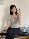 Casual Simple Solid Color Half-Open Collar Leakage Collar Collar Short-Sleeved T-Shirt Women's Summer New Thin Temperament Knitted Shirt Top