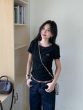 Pure Lattice Splicing Short-Sleeved T-Shirt Girls Summer New Fake Two-Piece Letter Repair Inside The Bottom Top