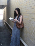 French Lace Splicing V-Neck Blue Floral Vest Dress Female Summer Temperament Seaside Beach Dress