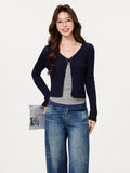 Tibetan Blue Hollow Long-Sleeved Knitted Open Shirt Folded Sling Vest Design Lace Fart Trousers Suit Female Spring