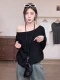 Pure Desire A Word Shoulder Cotton Oblique Shoulder Long-Sleeved T-Shirt Women's Autumn And Winter Loose Bottom Shirt Lazy Chic Beauty Top