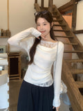 White Collar Lace Fake Two Long-Sleeved T-Shirt Women's Clothing Early Autumn Wearing A Bottom Shirt Repair Waist Top