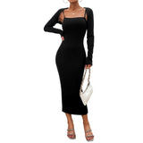Dili Women's Clothing 2025 Autumn And Winter Temperament Elegant Solid Color Sling Dress Long-Sleeved Top