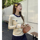 Yellow Striped Round-Neck Print Knitted Bottom Shirt Long-Sleeved Women Autumn And Winter Front Shoulder Design Feel Small Man Top
