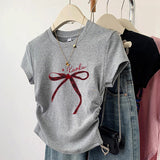Pure Cotton Shoulder Short-Sleeved T-Shirt Women 2025 Summer New Design Sense Niche Wrinkles To Receive Thin Short Tops