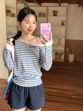 Korean Wearing A Collar Design With A Slanted Design Stripes Bumping Long-Sleeved T-Shirts For Women's 2026 Spring And Summer New One-Word Dew Shoulderwear