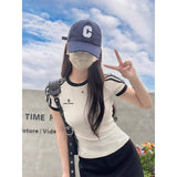 Three-Armed Straight Shoulder Collar Short-Sleeved T-Shirt Girl Bm Hottie Skinny Embroidery White Short Coat Summer