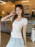 Sweet And Pure Lust Lace Spliced Short-Sleeved T-Shirt 2026 Summer New Straight Shoulder Temperament Top