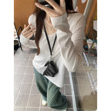 Lazy Windy Feeling White Pure Lust U Collar Long-Sleeved T-Shirt Girl Early Autumn With Hot Girls Loose Thin Bottom Shirt Top