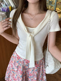 Fake Two Design Shawl V-Neck Short-Sleeved T-Shirt Women 2026 Summer New French Gentle Casual Blouse