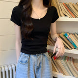 Design Sense Short T-Shirt Women's Round Neck Elastic Solid Color Match Summer Korean Version Of Leisure Tight Hot Girl Short-Sleeved Top