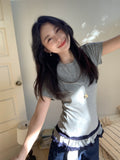 Flower Ash Pure Lustful Lace Splicing Short-Sleeved T-Shirt For Women In The Spring And Summer Of 2026 Folded Bottom Shirt Tops