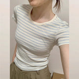 Bm Sweet Spicy Wind Shoulder Short Sleeve T-Shirt Design Sense Of Color Stripe Repair Bottom Summer Top