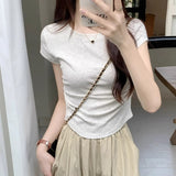 Summer Pure Dopamine Round Necker Shoulder Short T-Shirt Design Sense Flying Sleeves Wrinkle Waist Repair Body Coat