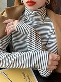 De-Hing Pile Collar Striped Bottoming Shirt Women's Long Sleeve 2025 Autumn And Winter 2025 New Set-Up Warm Top T-Shirt