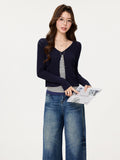 Tibetan Blue Hollow Long-Sleeved Knitted Open Shirt Folded Sling Vest Design Lace Fart Trousers Suit Female Spring