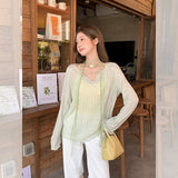 Summer Micro-Permeable V-Neck Wood Ear Loose Sun Protection Shirt Ice Silk Thin Summer Long-Sleeved T-Shirt Girl Lazy Blouse