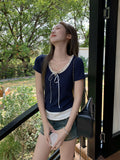 Wood Ear Splicing Hem Two Round Collar Short-Sleeved T-Shirts For Women's Summer New Tying With Pure Lustful Style On The Top