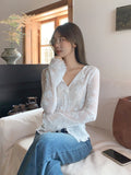 White Bow Tie V-Neck Long Sleeve With T-Shirt Women 2026 Autumn New Wooden Ear Bottom Shirt Top