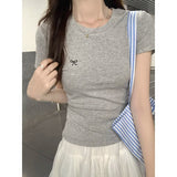 Positive Shoulder Short Sleeve T-Shirt Girl Summer New Bow Bow Collar Fashion Embroidery Repair Shirt Hottie Blouse