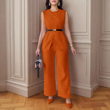 Spring And Summer 2025 New Women's Solid Color Jacket Sleeveless Belt Two Sets Of Trouser Casual Set