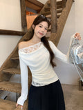 White Collar Lace Fake Two Long-Sleeved T-Shirt Women's Clothing Early Autumn Wearing A Bottom Shirt Repair Waist Top