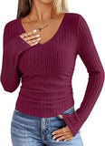 2026 New Female Pure Color V-Neck Fashion Long-Sleeved Pitted Haired Women's T-Shirt