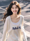Unique To White Low-Necked Fake Two Knitted Shirt Girls Spring And Autumn Design Cartoon Print Long-Sleeved Top Sweater