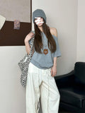 Pure Cotton Slant Shoulder Loose Word Collar Short-Sleeved T-Shirt Lazy Windy Shoulder Thin Set In The Spring Summer Blouse Woman
