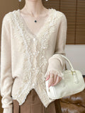 Heavy Industry Fashion Age-Retro-Weighted Women's V-Neck With Lace Lace Tops Autumn Korean Knitwear Coat