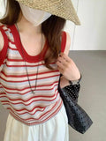 Red Striped U-Neck Vest Sling Women's Summer Wear Design Loose Short Knitted Shirt Thin