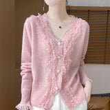 Heavy Industry Fashion Age-Retro-Weighted Women's V-Neck With Lace Lace Tops Autumn Korean Knitwear Coat