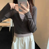 Cunct Button Bump Color Fake Two V-Neck Long-Sleeved T-Shirt Girls Spring And Autumn Slimming Hot Girls Short Bottom Shirt Top